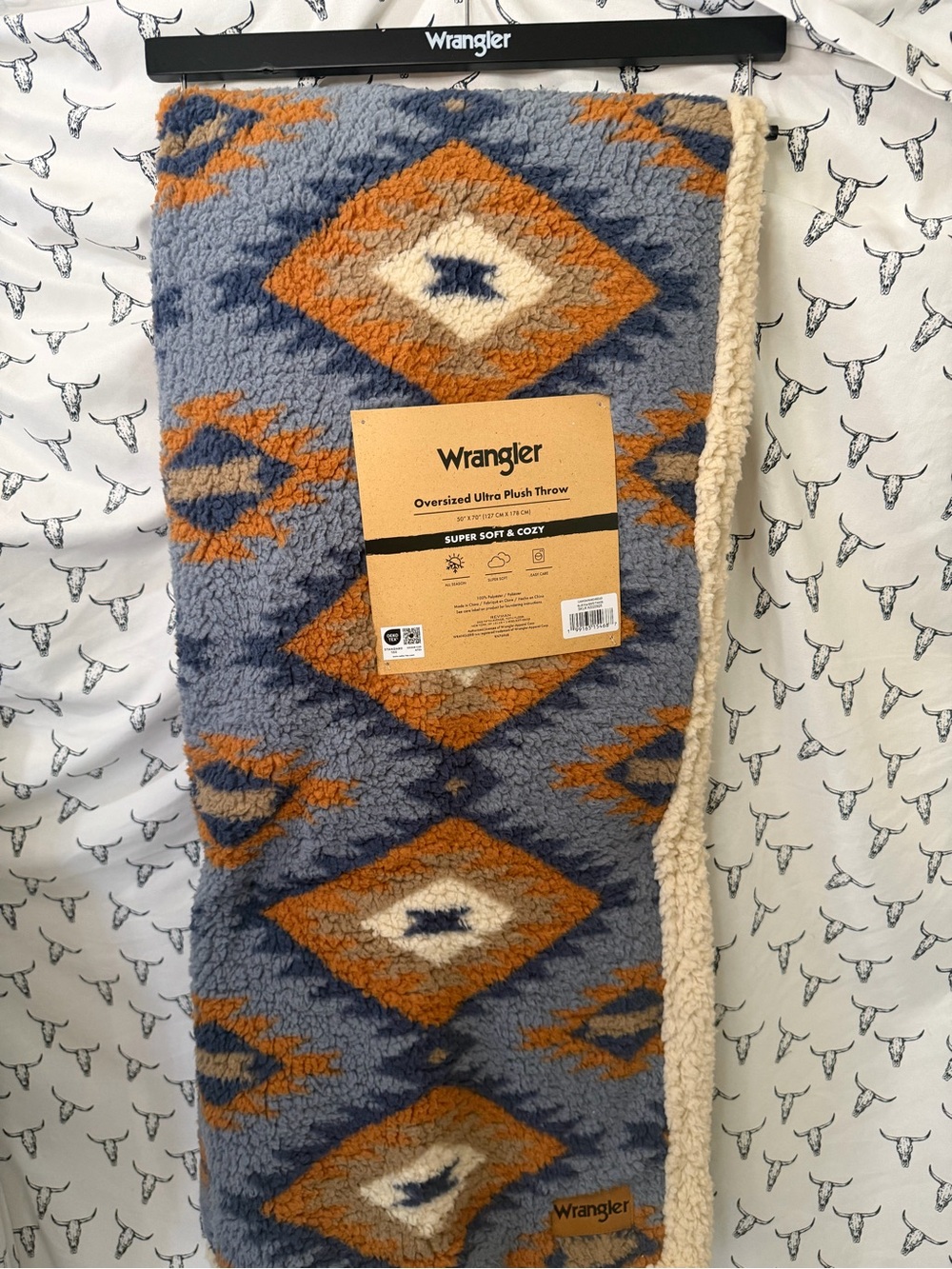 Wrangler Plush Aztec Throw - Blue, Orange & Cream